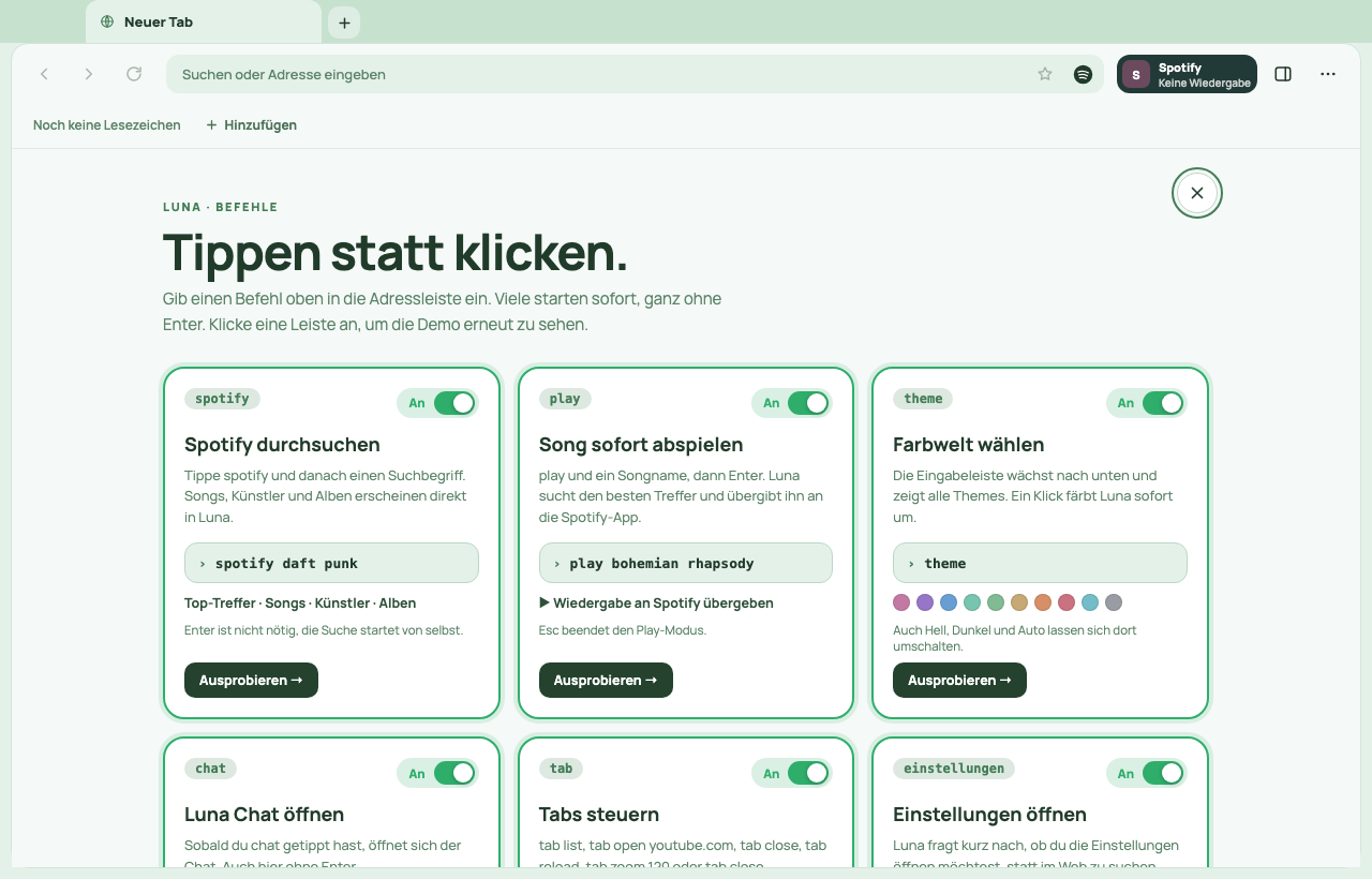 Die Befehlsseite mit Karten, die jeden Befehl erklären